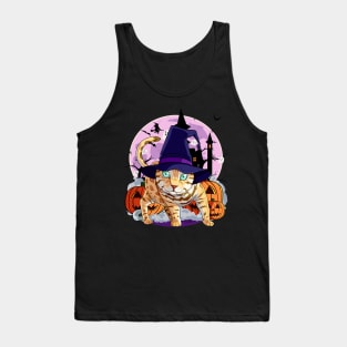 Bengal Cat Funny Halloween Witch Pumpkin Tank Top